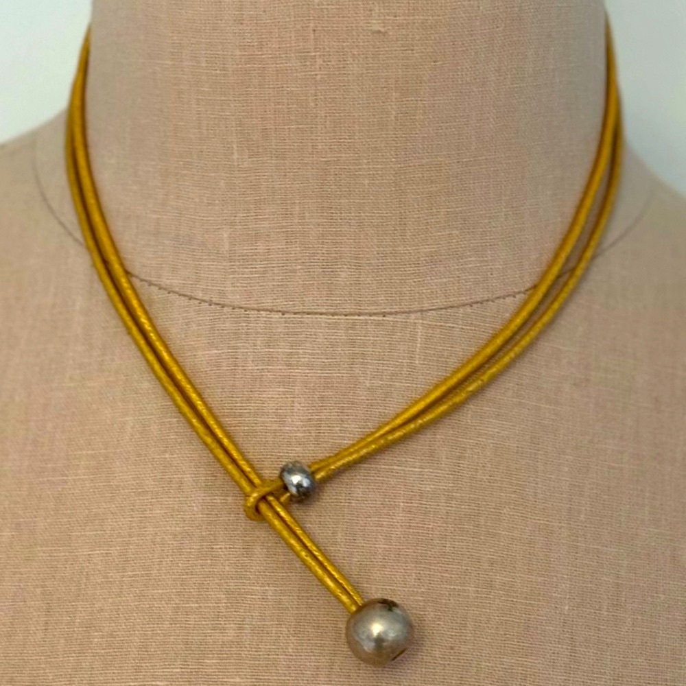 Yellow Leather Necklace With Silver Tone Accents, Adjustable Lengths, EUC